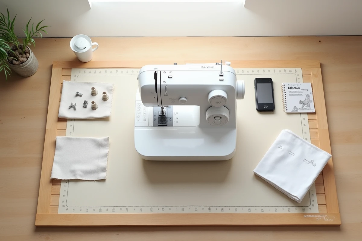 Vue à plat de la machine à coudre Brother Innov-is 15 avec tous ses accessoires inclus sur un tapis de découpe en bois