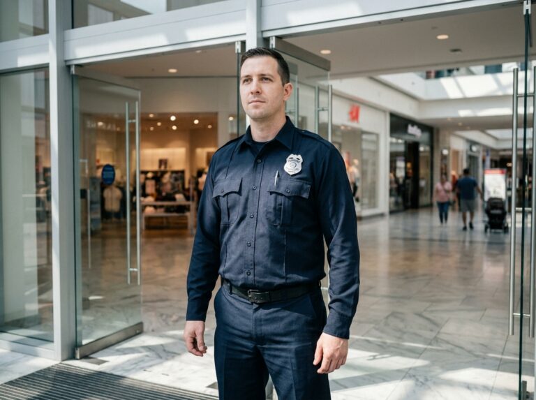 Agent de sécurité SSiap en uniforme bleu marine posté à l'entrée d'un centre commercial moderne
