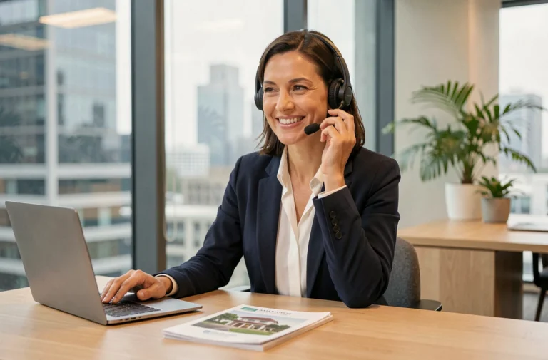 Agente immobilière professionnelle en blazer marine au téléphone dans un bureau moderne avec vue sur la ville