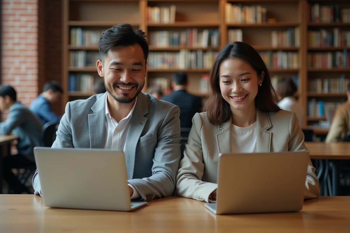 Deux adultes explorant des alternatives légales à des sites de téléchargement dans un espace de travail collaboratif