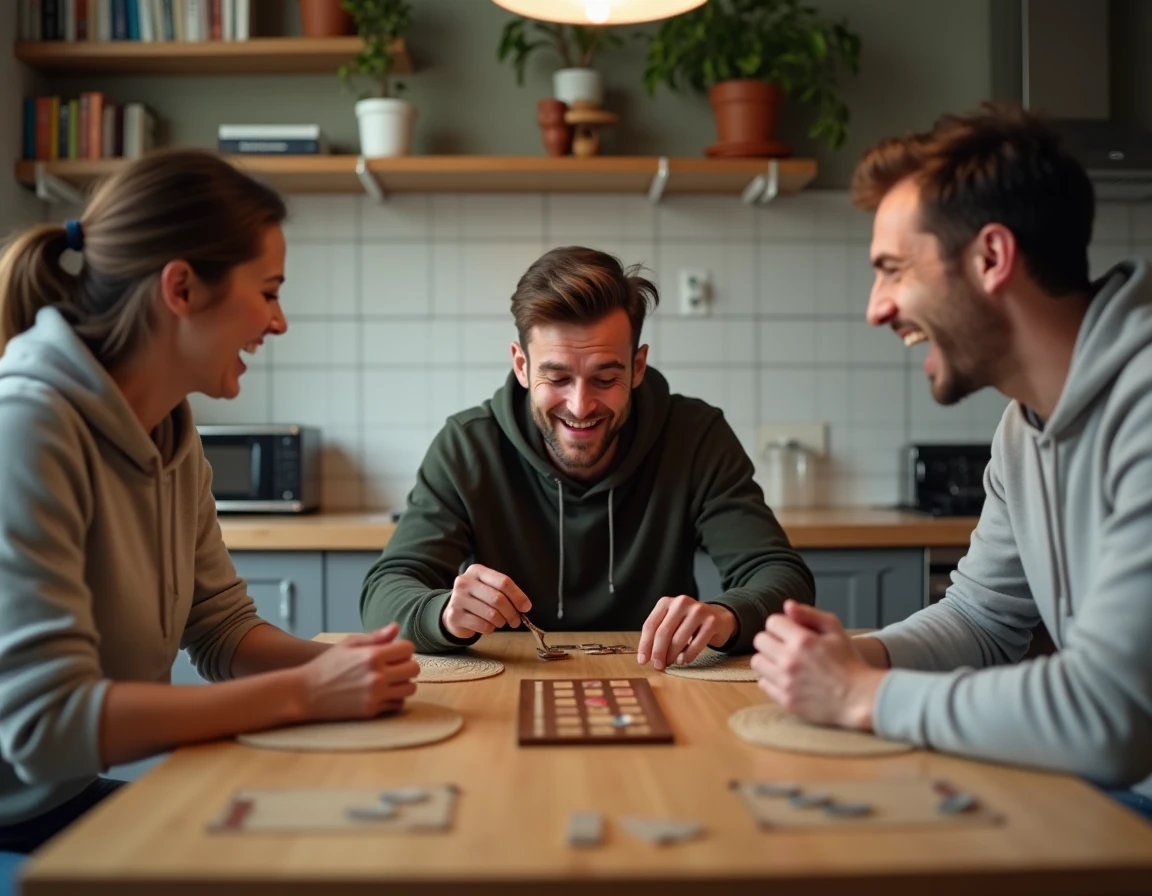 Groupe d'amis jouant à un jeu de société dans une cuisine moderne, loisir convivial en intérieur
