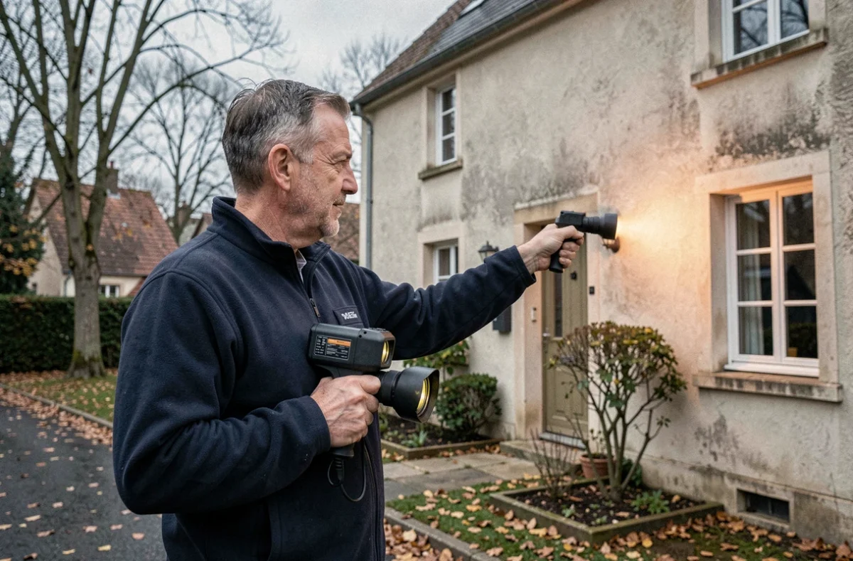 Auditeur énergétique utilisant une caméra thermique pour détecter les déperditions de chaleur sur la façade d'une maison