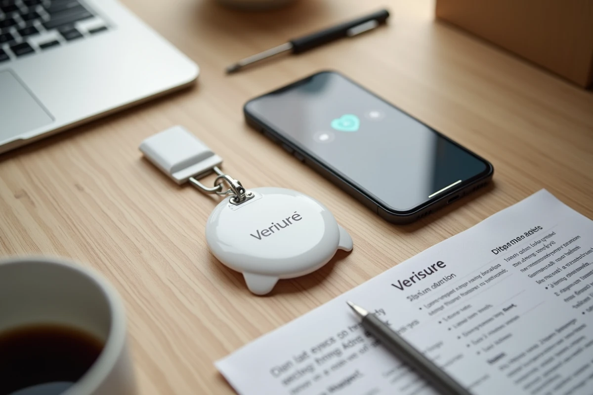 Vue de dessus d'un badge Verisure posé sur un bureau avec un smartphone et des instructions de dépannage
