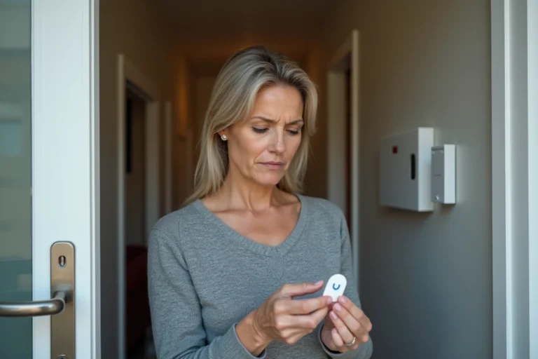 Femme examinant un badge Verisure défaillant devant la porte d'entrée de sa maison