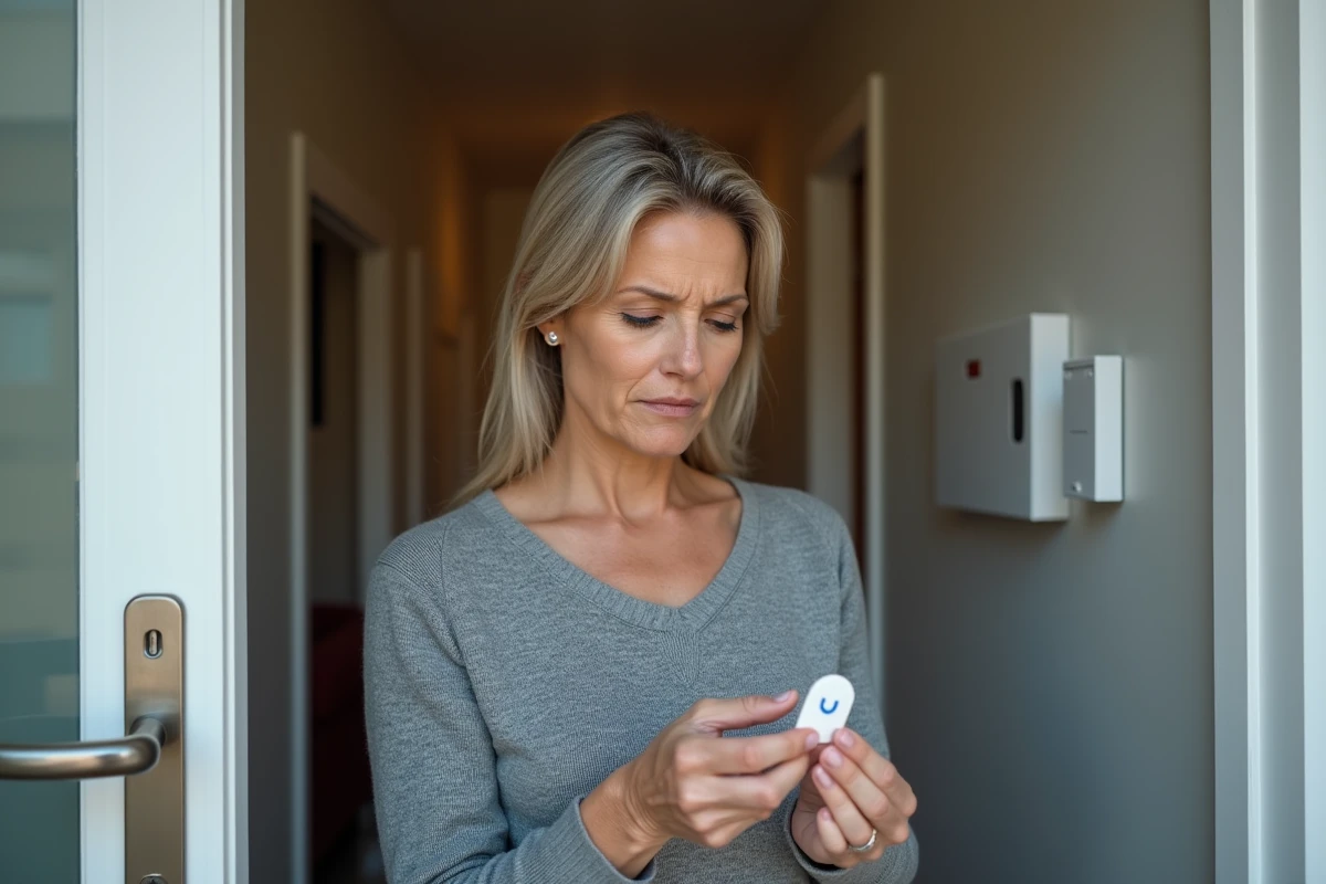 Femme examinant un badge Verisure défaillant devant la porte d'entrée de sa maison