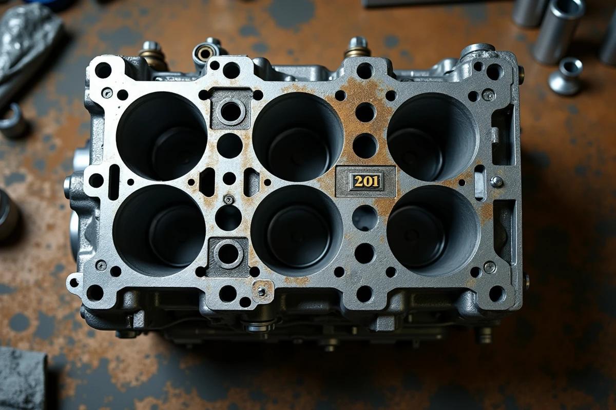 Vue en plongée d'un bloc moteur avec repère sur le premier cylindre posé sur un établi de mécanique