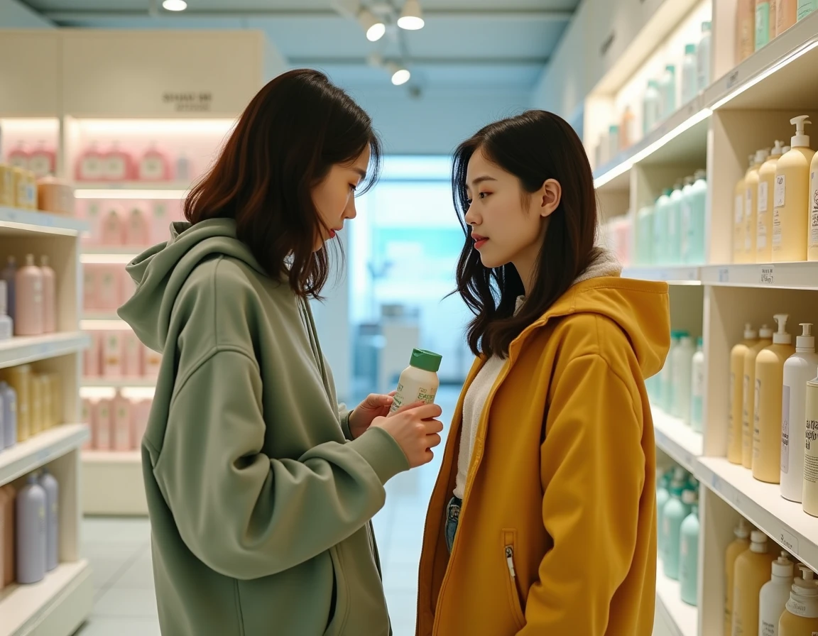 Deux femmes coréennes découvrant des produits de soin capillaire dans une boutique beauté à Séoul, shampooings et soins coréens