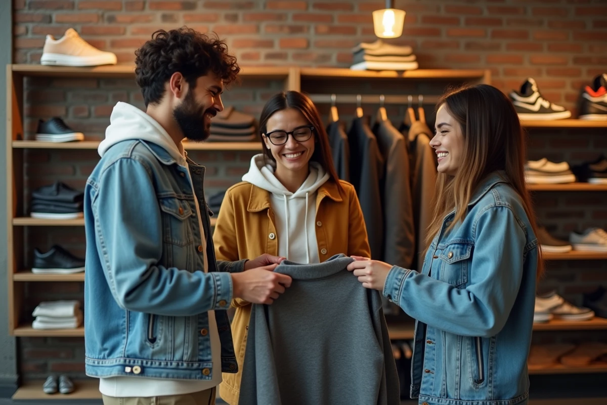 Groupe de jeunes amis essayant des vêtements streetwear dans une boutique urbaine moderne, symbolisant la démocratisation du streetwear