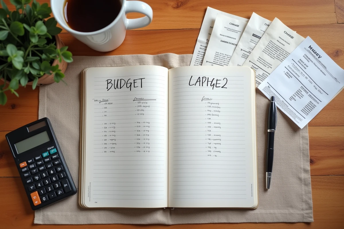 Vue aérienne d'un bureau avec carnet de calcul de loyer brut et net, calculatrice et justificatifs de charges locatives