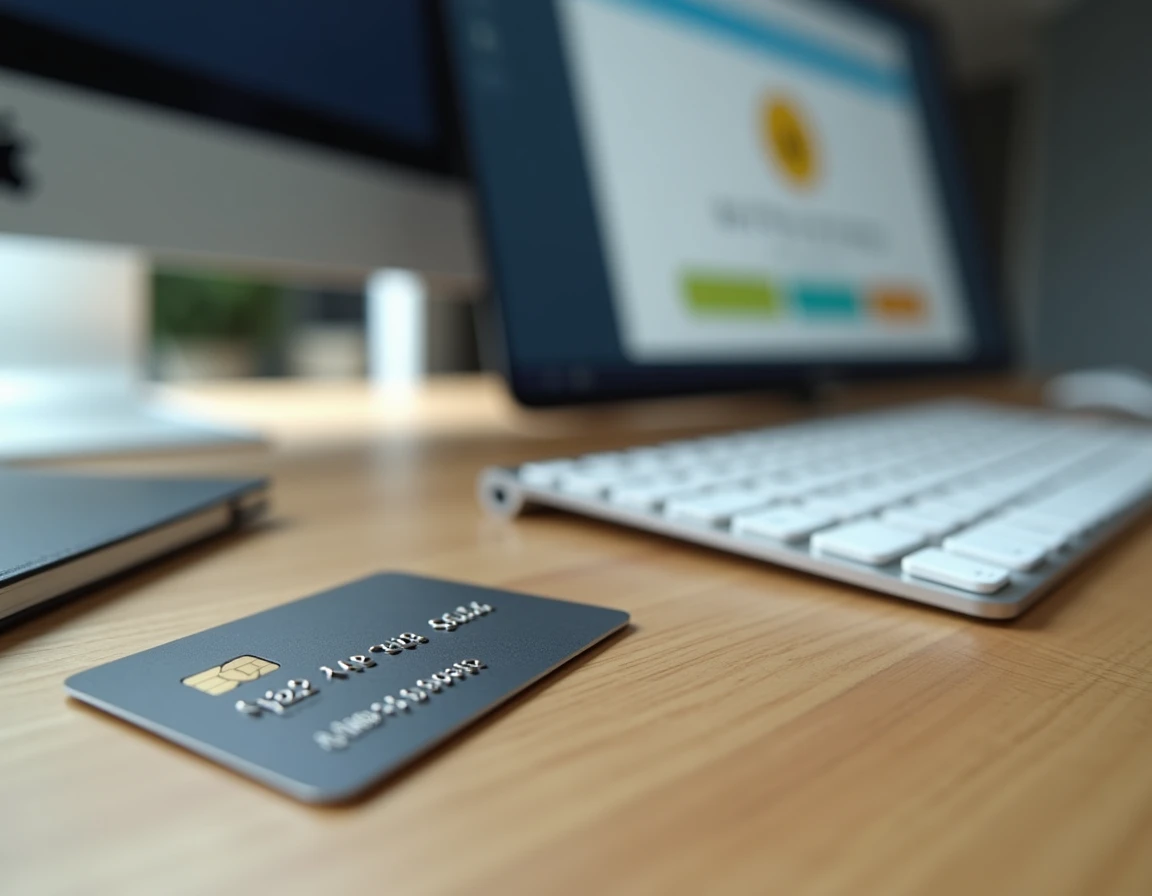 Carte de crédit et clavier posés sur un bureau avec un écran affichant une page de paiement sécurisé en ligne