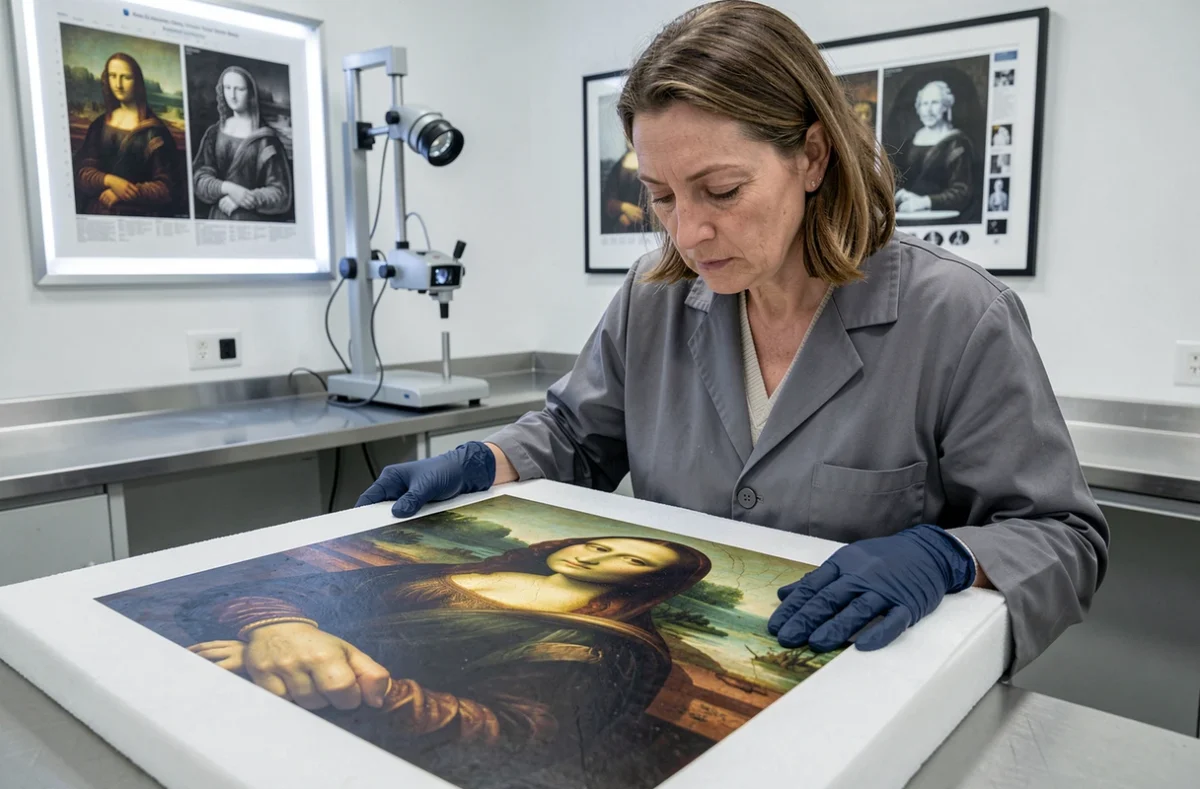 Conservatrice de musée inspectant une reproduction haute résolution de la Joconde dans un laboratoire de conservation