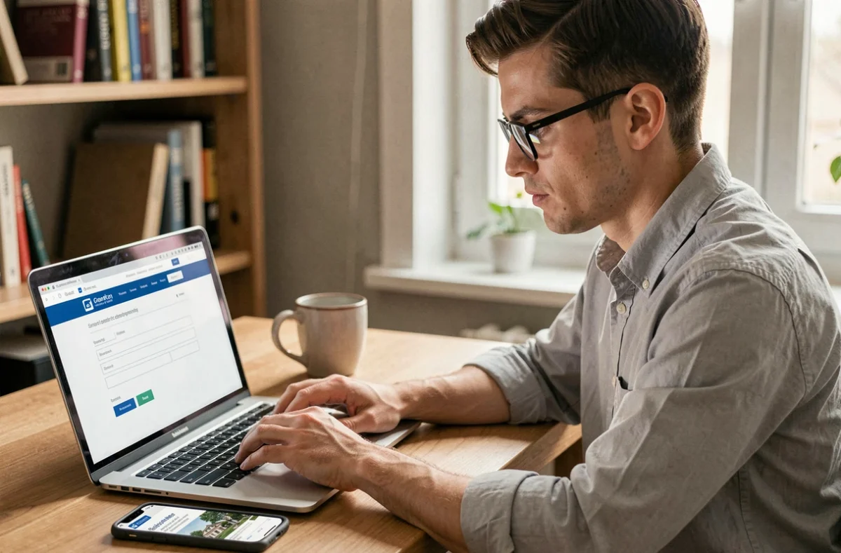 Homme jeune remplissant un formulaire de contact en ligne pour une agence immobilière depuis son bureau à domicile