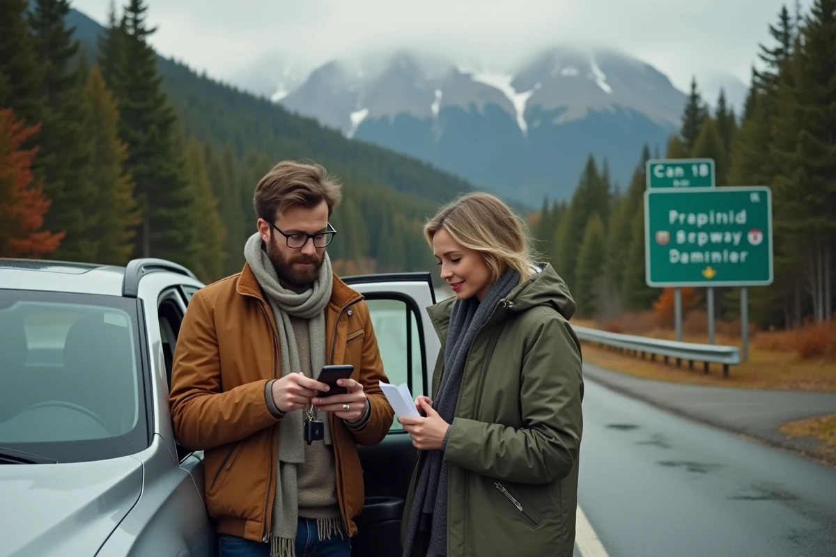 Couple français consultant leur téléphone près d'un SUV de location sur une autoroute canadienne entourée de forêt