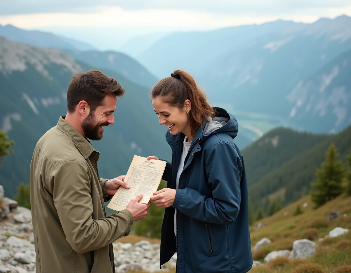 Couple consultant un itinéraire personnalisé lors d'une randonnée en montagne pour des vacances sur mesure