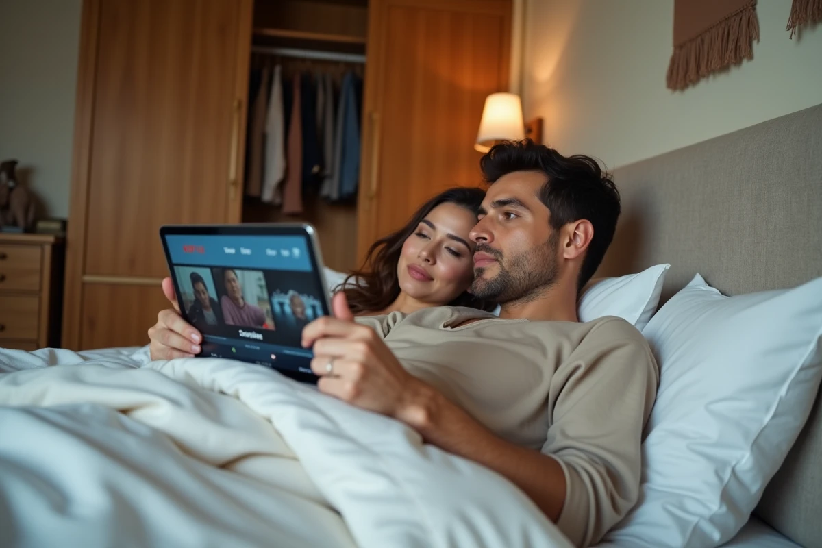 Couple regardant ensemble la plateforme de streaming Opraz sur une tablette dans leur chambre un dimanche matin