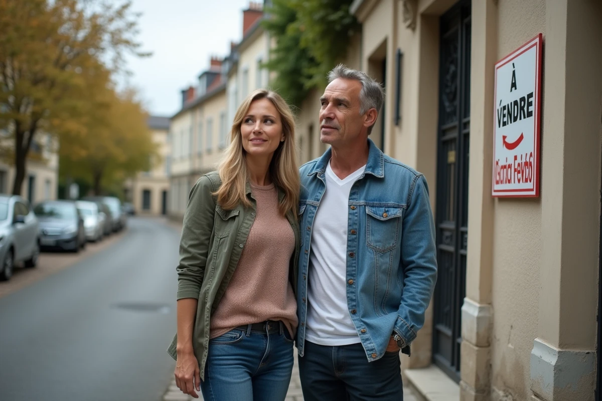 Couple visitant un bien immobilier devant un immeuble avec panneau À Vendre dans une rue résidentielle