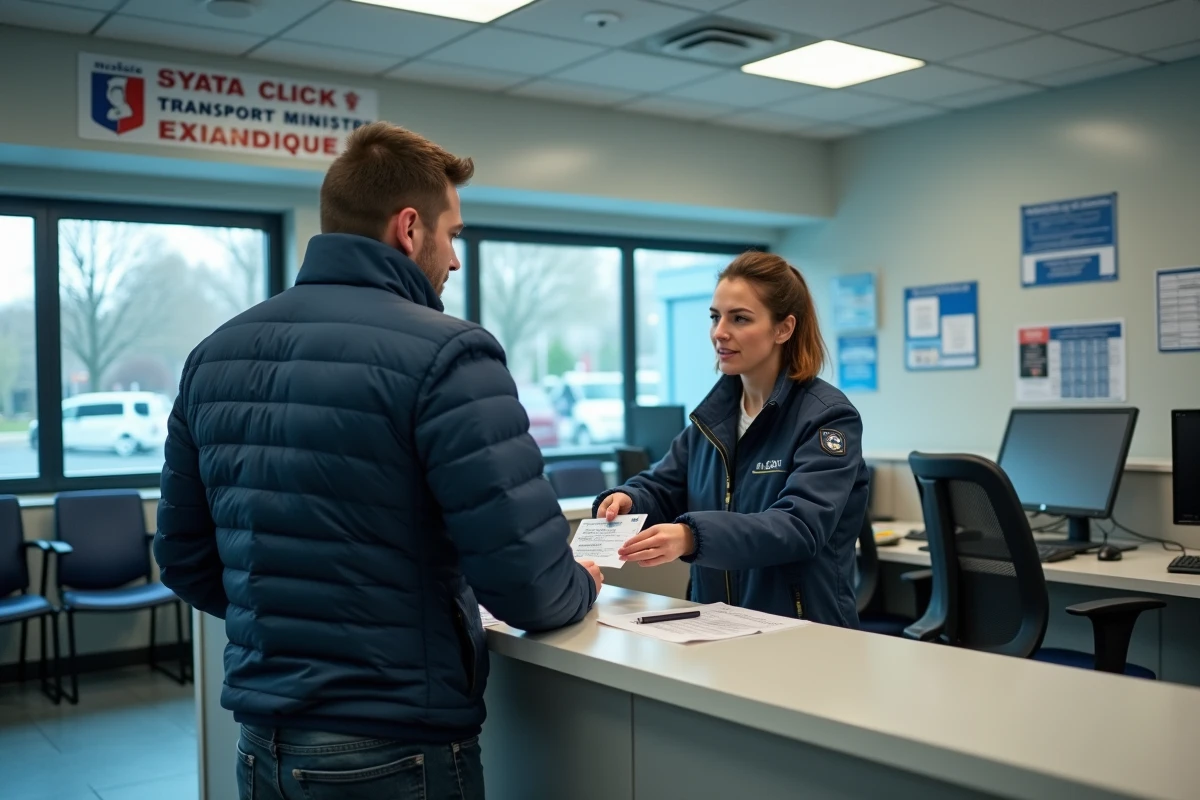 Homme français présentant son permis de conduire à un guichet administratif de transport au Québec