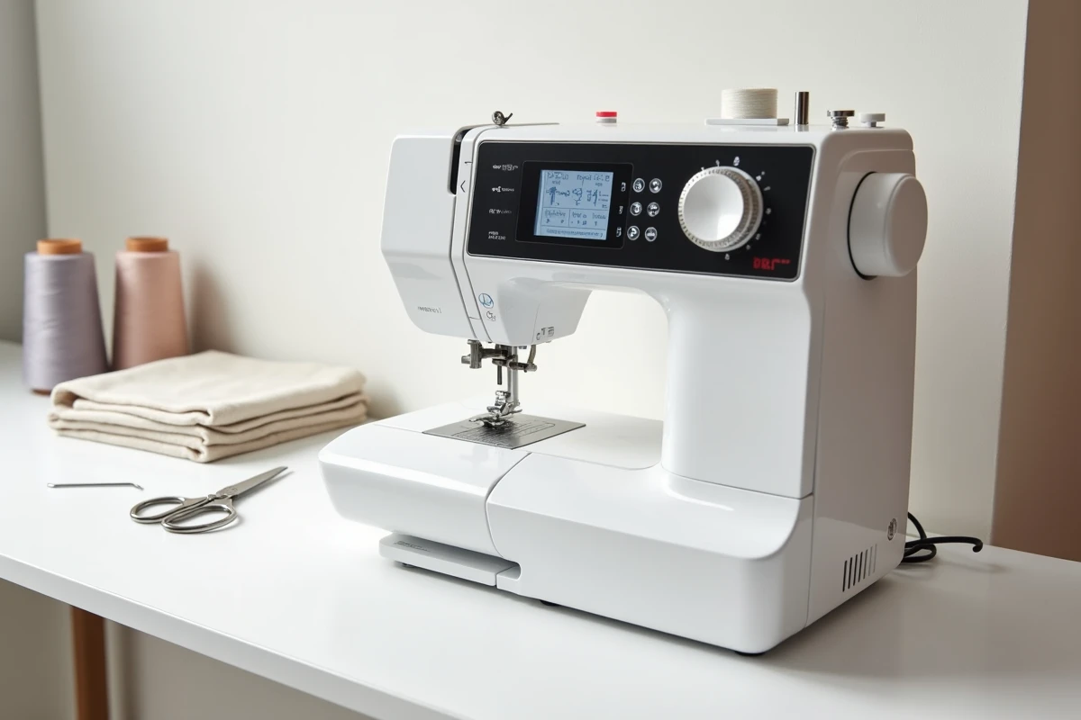 Gros plan sur l'écran LCD et les commandes de la machine à coudre Brother Innov-is avec accessoires de couture