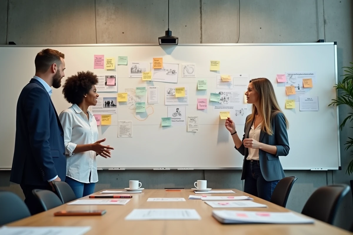 Équipe pluridisciplinaire collaborant sur une stratégie de communication santé autour d'un tableau blanc