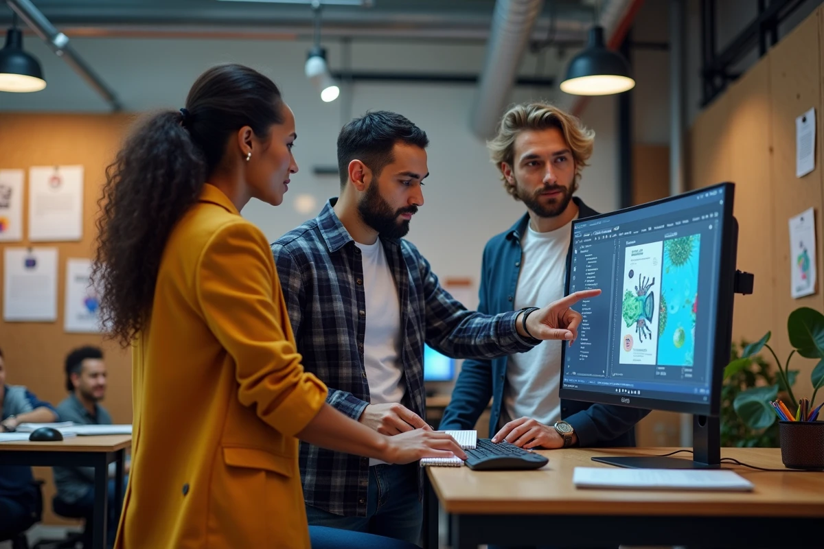 Équipe de professionnels créatifs analysant les tendances et innovations web sur grand écran en studio
