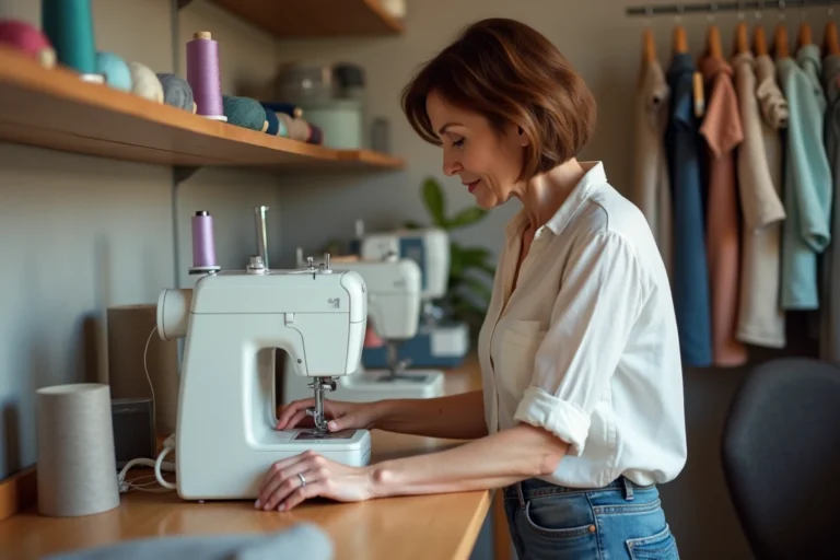 Femme moyenne age examine machines a coudre modernes dans un magasin