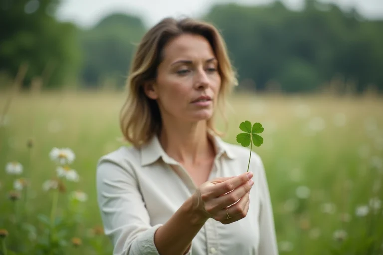 Femme d'âge moyen tenant un trèfle à cinq feuilles dans un champ