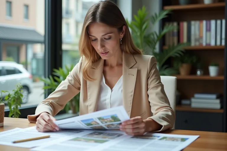 Femme consultant des annonces immobilières imprimées dans un bureau à domicile moderne