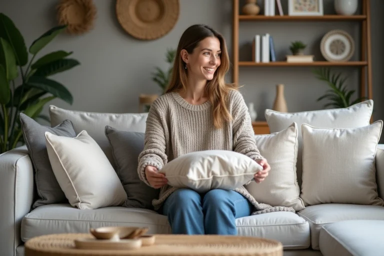 Femme arrangeant des coussins dans un salon moderne