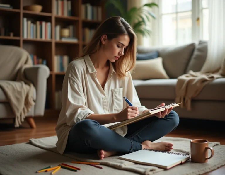 Femme dessinant dans un carnet dans un salon cosy, idée de loisir créatif à la maison