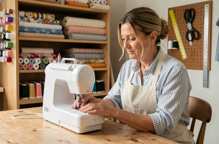 Femme utilisant une machine à coudre compacte blanche sur une table en bois dans un atelier de couture à domicile