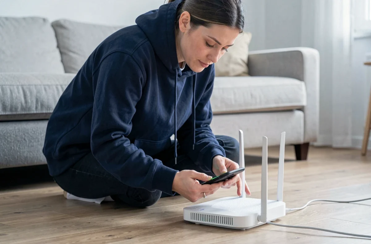 Femme optimisant la position de son routeur Wi-Fi pour améliorer la connexion 500 Mbps dans un salon scandinave