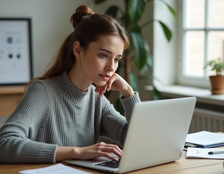 Femme vérifiant un paiement sécurisé en ligne sur son ordinateur portable depuis son bureau à domicile