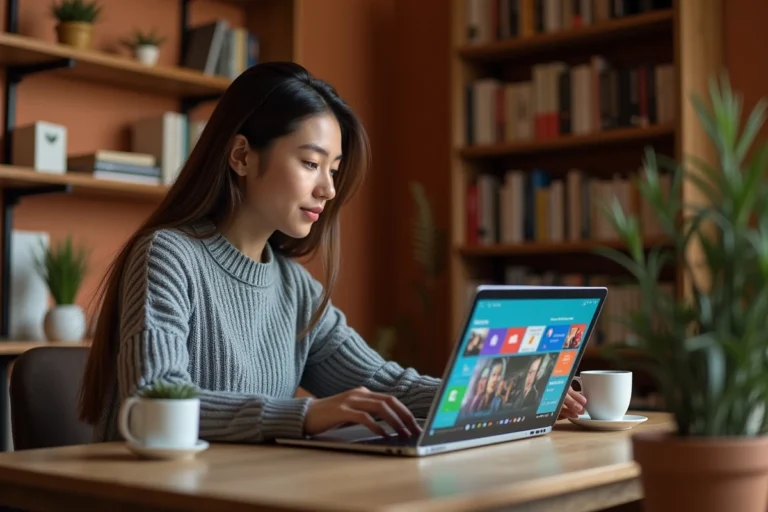 Jeune femme utilisant une plateforme légale de contenu numérique sur son ordinateur portable dans un bureau à domicile