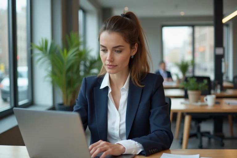 Femme professionnelle travaillant dans un bureau moderne, illustrant les métiers bien rémunérés à 20 euros de l'heure