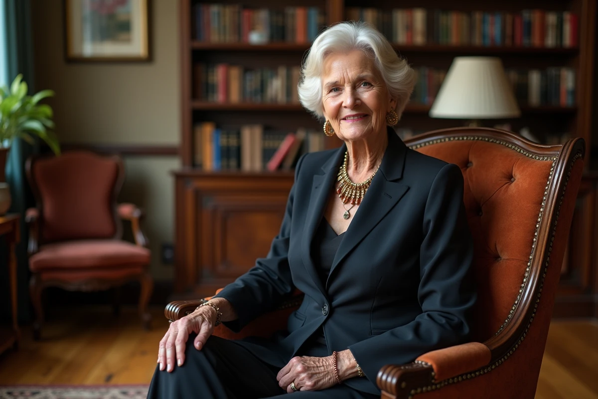 Femme âgée en costume élégant assise dans un salon décoré avec livres et œuvres d