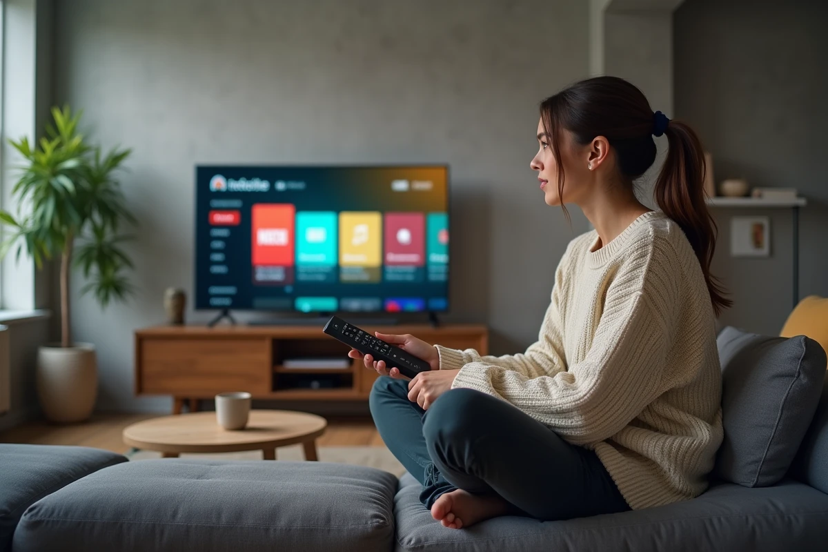 Jeune femme regardant la plateforme de streaming Opraz sur sa télévision depuis son canapé dans un appartement moderne