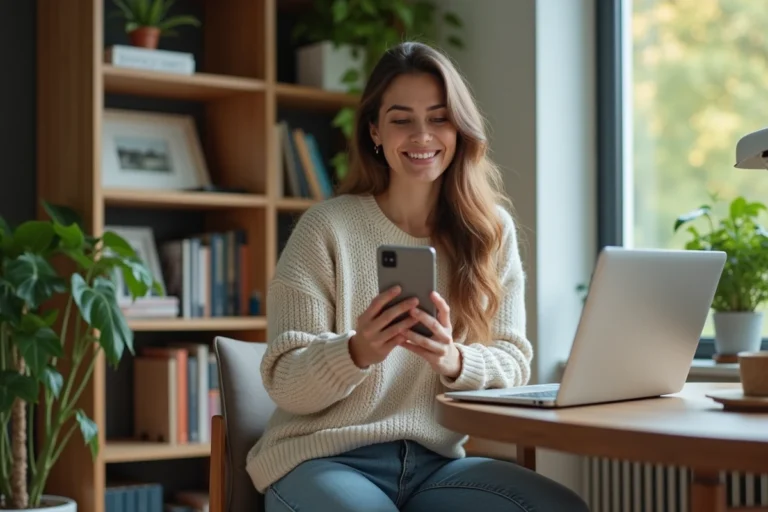 Femme souriante dans son bureau connecté à son ordinateur