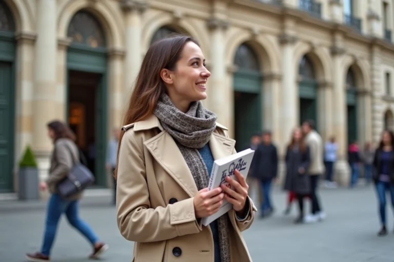 Jeune femme en trench à Rennes devant l'opéra