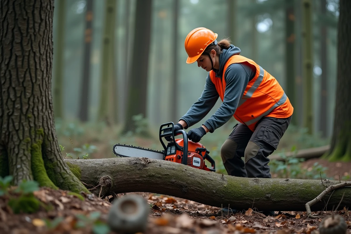 Femme équipée de matériel de sécurité forestier utilisant une tronçonneuse professionnelle à essence pour couper une branche de chêne en forêt