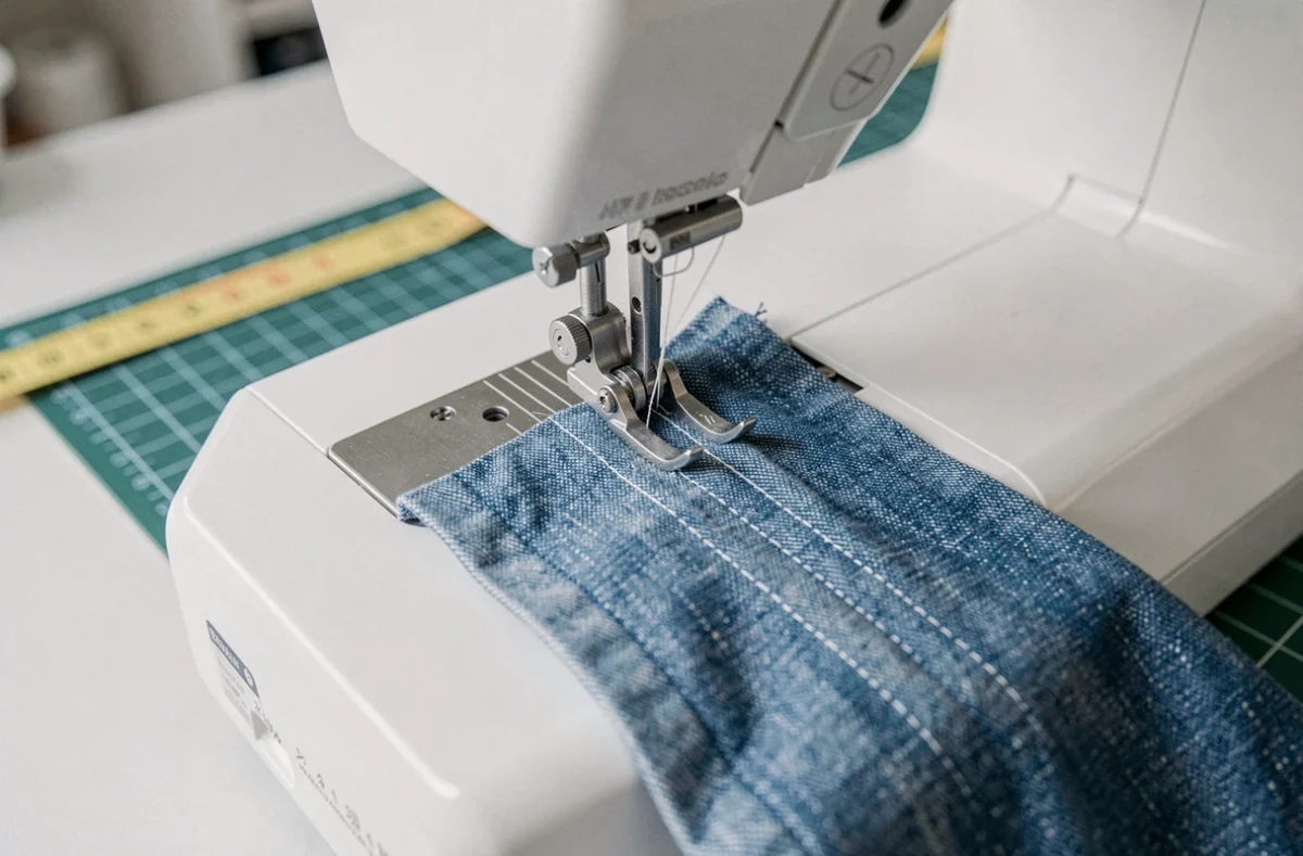 Gros plan sur l'aiguille et le pied presseur d'une machine à coudre cousant du tissu denim bleu