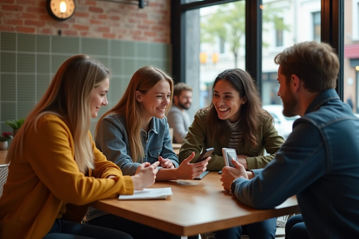Groupe de jeunes discutant dans un café convivial