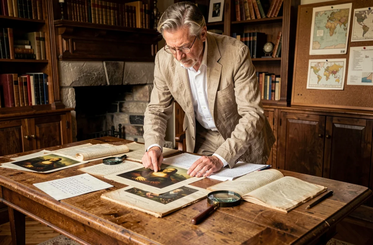 Historien de l'art étudiant des documents et reproductions de la Joconde dans un bureau de recherche ancien