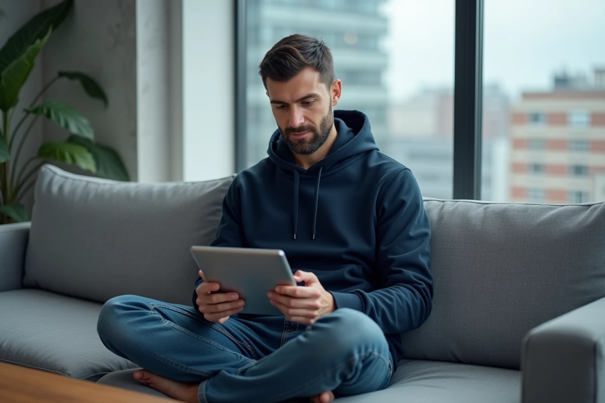 Homme consultant une bibliothèque de médias numériques légaux sur une tablette dans un appartement moderne