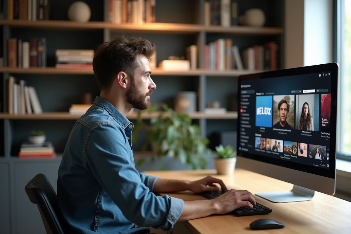 Homme parcourant la plateforme Opraz sur son ordinateur de bureau dans un bureau à domicile bien organisé