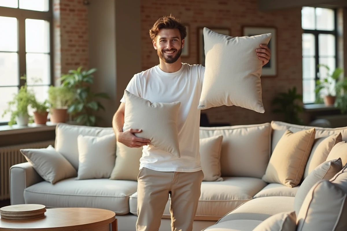 Homme tenant deux coussins dans un loft lumineux