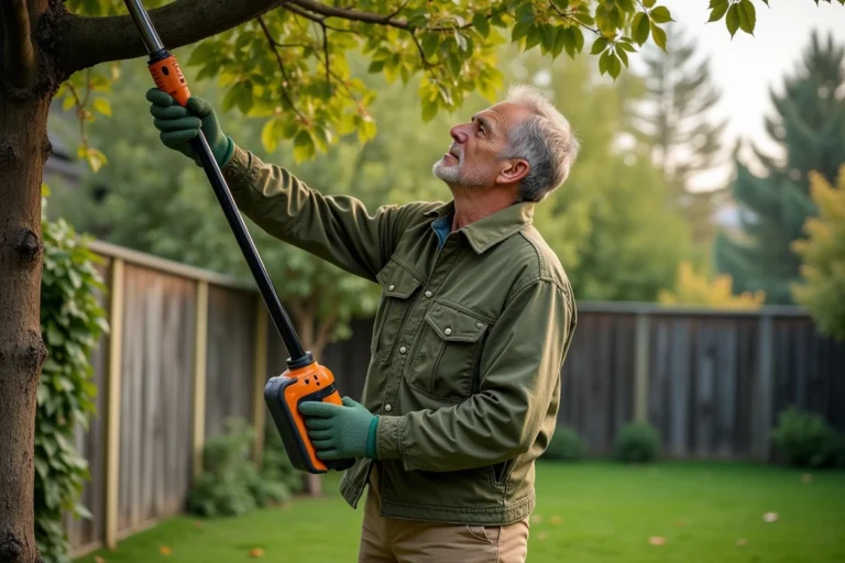 Homme utilisant une élagueuse sur perche sans fil pour tailler les branches d'un pommier dans un jardin en automne