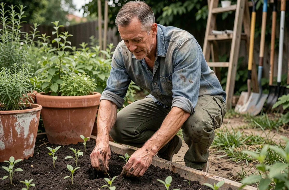 Homme jardinage potager jardin, activité loisir plein air relaxante au quotidien