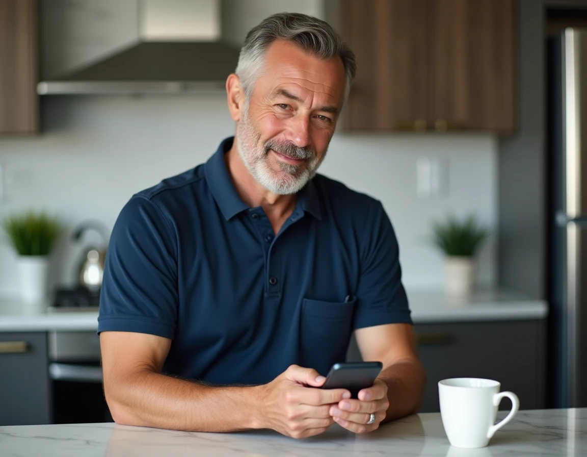 Homme utilisant son smartphone pour effectuer un paiement sécurisé en ligne dans une cuisine moderne