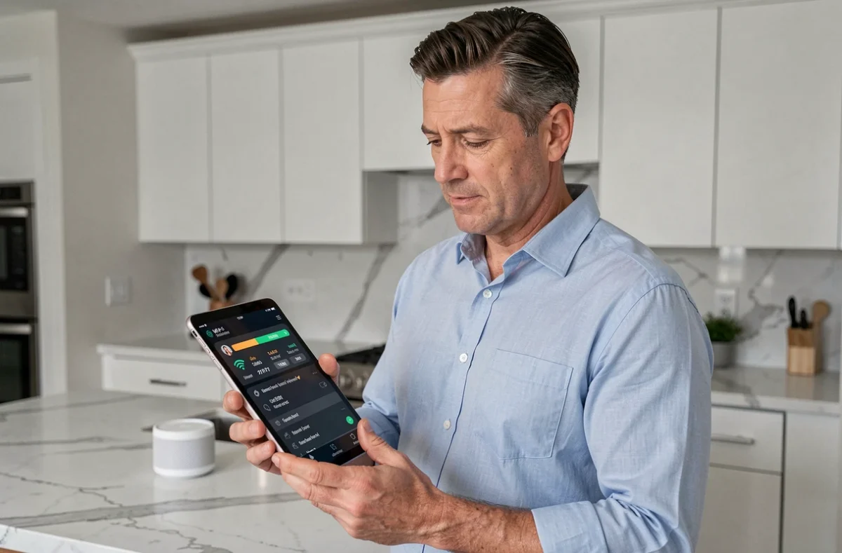 Homme consultant les paramètres réseau Wi-Fi sur une tablette dans une cuisine moderne pour optimiser sa connexion 500 Mbps