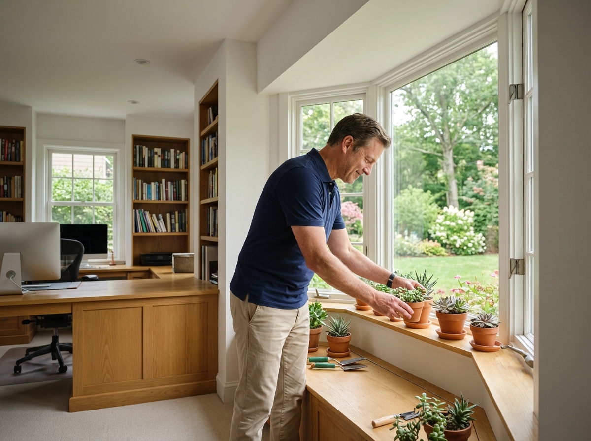 Homme arrangeant des succulentes dans un bureau lumineux